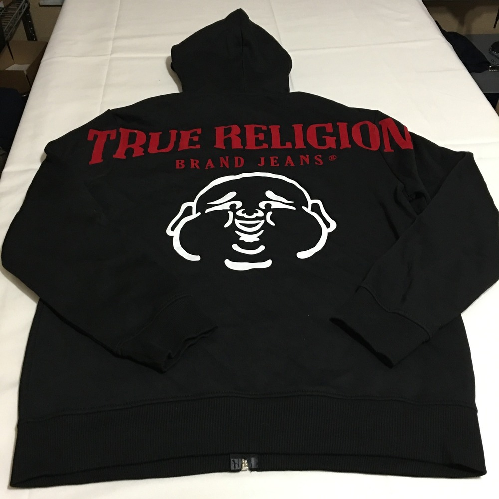 True Religion Full Zip Hoodie Mens Large Black Buddha Logo Graphic
